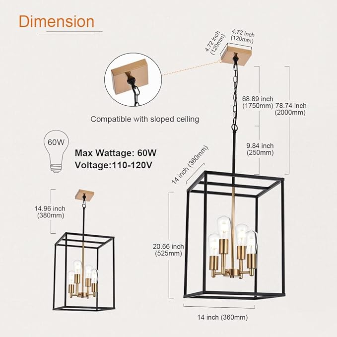 VINLUZ Retro 4 Light Large Farmhouse Chandelier Rustic Dining Room Lighting Fixtures Hanging in Black and Brushed Brass Finish Metal Square Cage Pendant Lighting for Kitchen Island