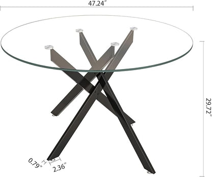 Pvillez 47.2“ Round Dining Table for 4, Contemporary Tempered Glass Dining Table, Small Dinner Table with Black Cross Metal Base, Round Clear Kitchen Table Writing Desk for Dining Kitchen