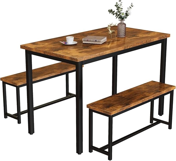Recaceik 47” Dining Table Set for 4, 3-Piece Kitchen Table with 2 Benches, Wood Kitchen Table and Chair Set, Space-Saving Dining Room Set Dinette Set for Breakfast Nook and Small Space, Rustic Brown