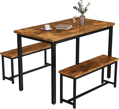Recaceik 47” Dining Table Set for 4, 3-Piece Kitchen Table with 2 Benches, Wood Kitchen Table and Chair Set, Space-Saving Dining Room Set Dinette Set for Breakfast Nook and Small Space, Rustic Brown