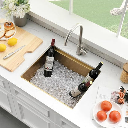 Small Gold Kitchen Sink, 21 x 18 Inch Gold Wet Bar Prep Undermount Kitchen Sink Workstation 16 Gauge Stainless Steel Single Bowl Basin