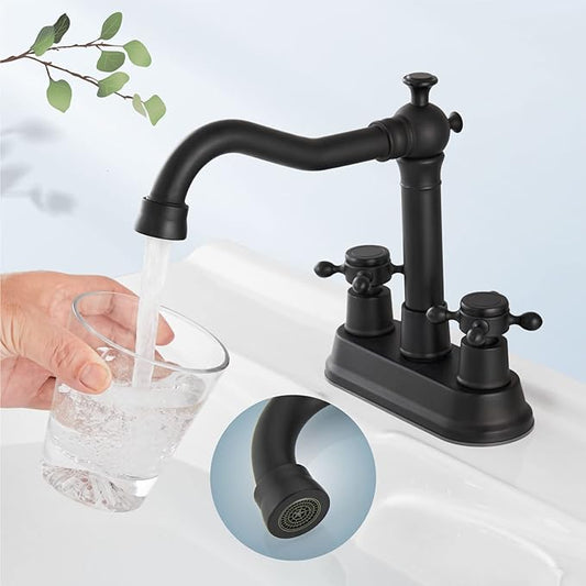 Aolemi 4 Inch Centerset Bathroom Sink Faucet Vintage 2 Cross Handle RV Mixer Tap Basin Vanity Lavatory Utility for Sink 3 Hole Include Hoses Pop Up Drain Faucet Handle Without Label Matte Black