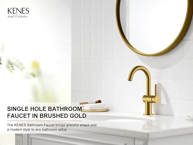 KENES Brushed Gold Single Handle Bathroom Faucets Modern Prep Wet Bar Sink Faucets Bathroom Sink Faucet with Drain Assembly & Deck Plate, Farmhouse RV Camper Outdoor Utility Faucet, KE-9005B-4