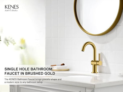 KENES Brushed Gold Single Handle Bathroom Faucets Modern Prep Wet Bar Sink Faucets Bathroom Sink Faucet with Drain Assembly & Deck Plate, Farmhouse RV Camper Outdoor Utility Faucet, KE-9005B-4