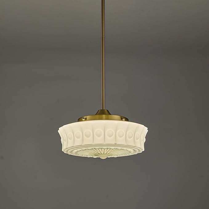 FCTWAKS Schoolhouse Pendant Fixtures, 14" Mid Century Modern Brass Gold Milk Green Glass Pendant Light, Adjustable Height, Vintage Ceiling Hanging Lighting for Dining Room,Hallway,Kitchen Island