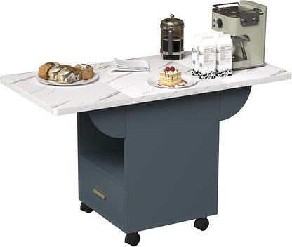 Folding Dining Table with Storage, Marble Texture Top, 39.4 inch, Wheeled Base with Drawers, Space Saving Kitchen Table
