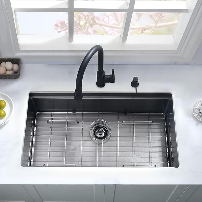 25 Inch Black Undermount Kitchen Sink Workstation-Hovheir 25x19 Black Stainless Steel Kitchen Sink Undermount 16 Gauge Deep Single Bowl Under Mount Sinks with Cutting Board