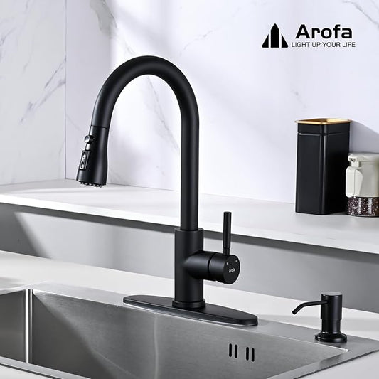Arofa Kitchen Faucet with Soap Dispenser, Stainless Steel Kitchen Sink Faucet with Pull Down Sprayer 3 Mode Single Handle Gooseneck Pull Out Kitchen Faucet, Matte Black Bathroom Sink Faucet