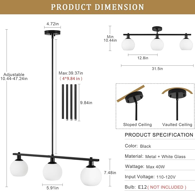 Kitchen Island Lighting 3 Lights Linear Pendant Light Fixtures With Milk Glass Shades Black Farmhouse Chandeliers for Dining Room Chandelier Over Table Mid Century Modern Hanging Light Fixture for Bar