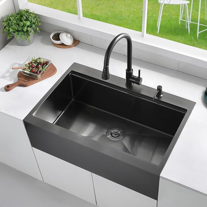 33 Black Drop In Kitchen Farmhouse Sink, Luckyhorse 16 Gauge 33x22 Nano Black Stainless Steel Drop in Topmount Workstation Farmhouse Kitchen Sink with Apron Front LH010SQ