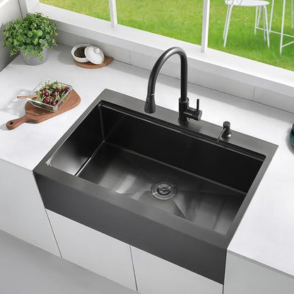 33 Black Drop In Kitchen Farmhouse Sink, Luckyhorse 16 Gauge 33x22 Nano Black Stainless Steel Drop in Topmount Workstation Farmhouse Kitchen Sink with Apron Front LH010SQ