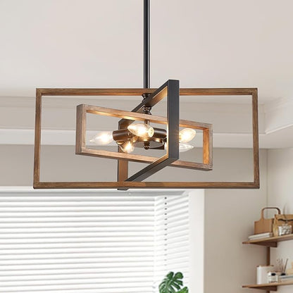 Farmhouse Chandelier, 5-Light Geometric Ceiling Light Fixture, 22" Adjustable Height Pendant Lighting for Living Room Foyer Entryway Dining Room Faux Walnut Grain