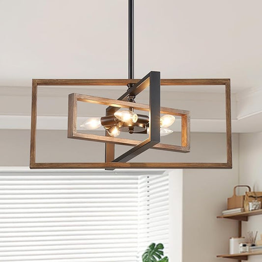 Farmhouse Chandelier, 5-Light Geometric Ceiling Light Fixture, 22" Adjustable Height Pendant Lighting for Living Room Foyer Entryway Dining Room Faux Walnut Grain