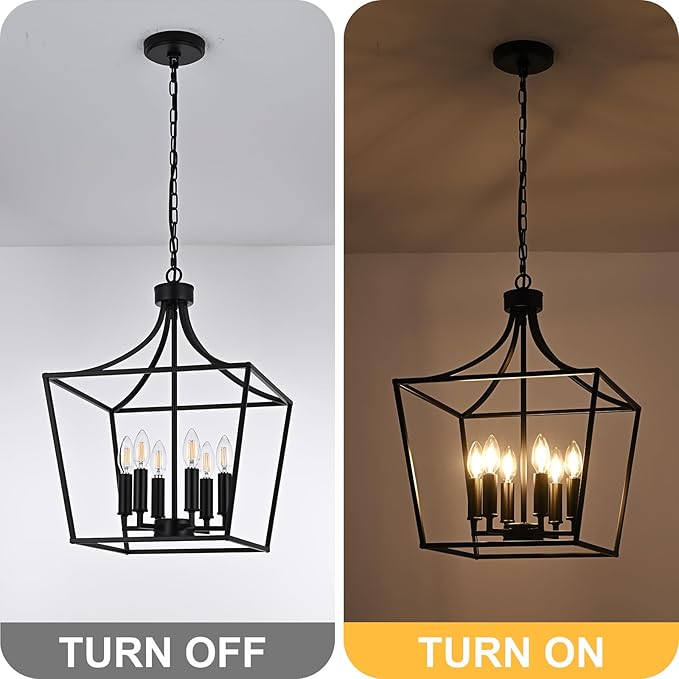 6-Light Farmhouse Dining Room Cage Chandelier, Black Ceiling Pendant Light Fixture Height Adjustable for Kitchen Island Over Table, E12 Bulb Base