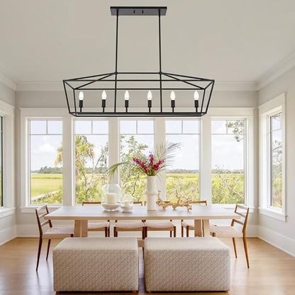 BONLICHT 6 Light Farmhouse Chandelier Black Modern Linear Kitchen Island Lights Industrial Vintage Candle-Style Dining Room Lighting Fixture Hanging Foyer Ceiling Lights with Adjustable Rods,E12 Base