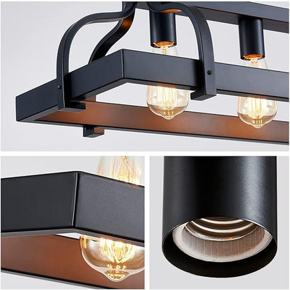 WUZUPS 4-Light Metal Pot Hanging Rack Chandelier Linear Pendant Ceiling Lighting Rustic Farmhouse Fixture Kitchen Island Dining Room, H 9.8" x L 34.6" x W11.8, E26 Base, Black