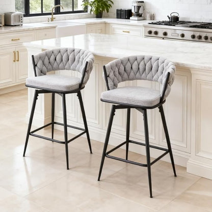 Set of 2 Swivel Bar Stools with Breathable Linen Cushions Light Gray Seat Black Iron Frame, Counter Height Stools for Kitchen Island, Dining or Pub