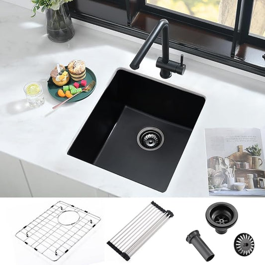 15 Inch Black Bar Sink Undermount Quartz-iAnomla 15x15 Undermount Bar Sink Black Bar Prep Sink Quartz Composite Small Rv Kitchen Sink Single Bowl Mini Kitchen Sink with Bottom Grid