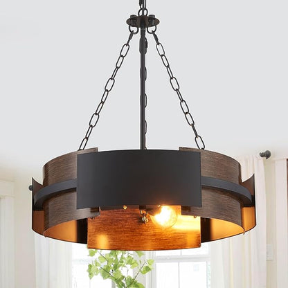 Modern Farmhouse Chandelier 19.7" Industrial Drum Pendant Lighting Fixture Large 4-Light Black Walnut Grain Finish for Dining Room Kitchen Island Office Living Room