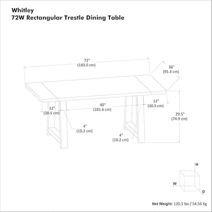 SIMPLIHOME Whitley Dining Table - 72 inch Wide Solid Mango Wood Rectangular Table in Burnt Wax, Modern Farmhouse Style for Dining Room or Kitchen with Extra-Thick Trestle Base, Seats 6