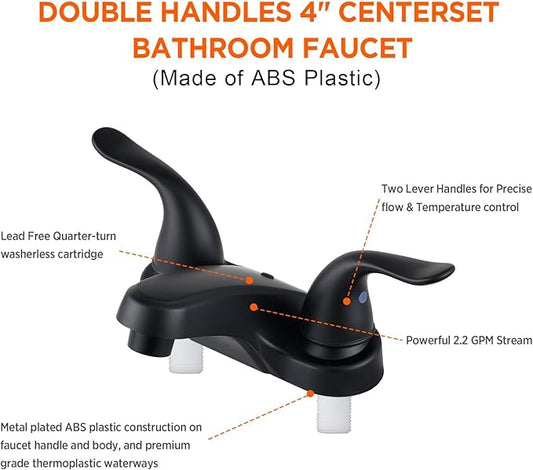 Bathroom Sink Faucets 2/3 Hole,Matte Black Dual Handles 4 inch Plastic Plating Over Bathroom Faucet with Pop-up Drain and 2 Supply Hoses for Apartment Rvs Sink Vanity