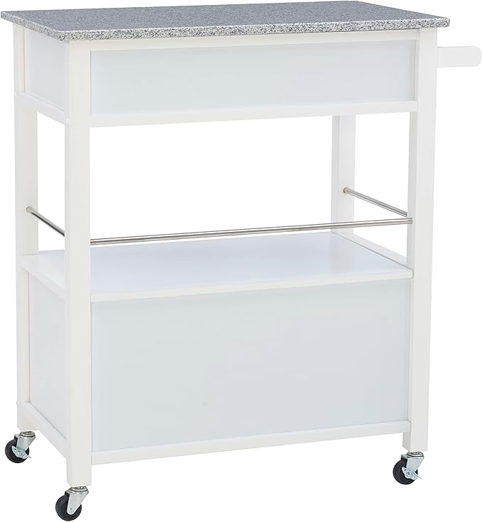 Linon Kyler White Granite Topped Kitchen Cart with Lockable Casters and Hidden Storage Spaces