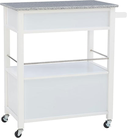 Linon Kyler White Granite Topped Kitchen Cart with Lockable Casters and Hidden Storage Spaces