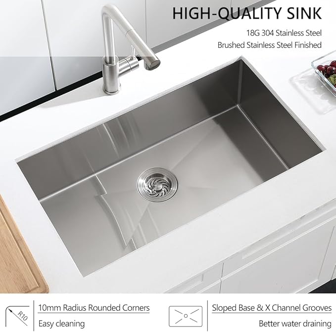 32 Stainless Steel Kitchen Sink Undermount, Dorzom 32" x 17" x 9" Stainless Steel Single Bowl 18 Gauge Under Mount Kitchen Sink