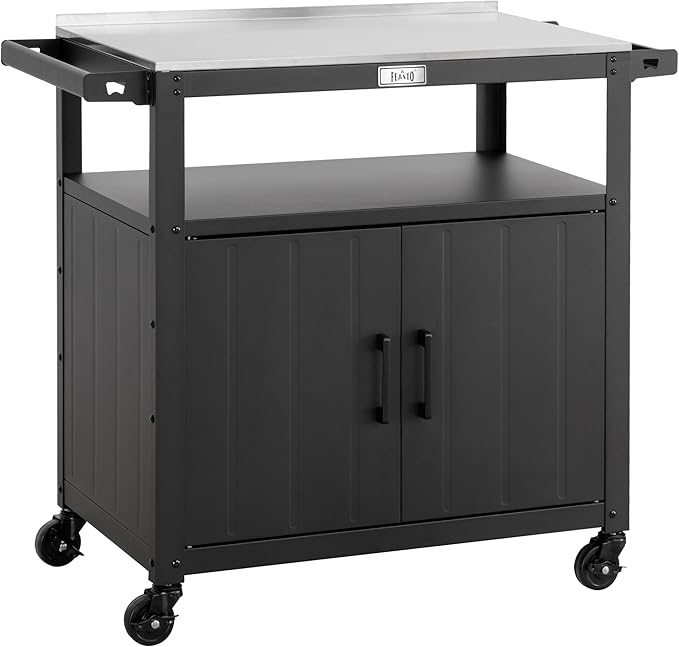 Feasto Outdoor Grill Cart with Stainless Steel Tabletop and Storage Cabinet, Movable Kitchen Island with Wheels for BBQ Food Prep, Black