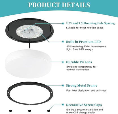 12Inch 3800LM Flush Mount LED Ceiling Light Fixtures, 36W, Black, Dimmable, Color Temperature Changeable, Suitable for Kitchen, Bathroom, Bedroom, Living Room, Dining Room