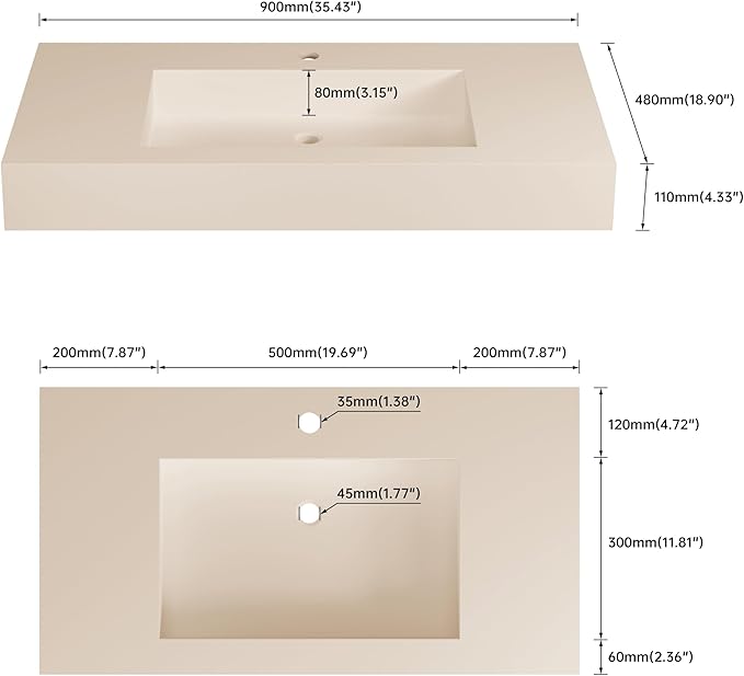 35" x 19" Bathroom Sink with Single Faucet Hole, Stone Resin Wall Mount Sink, Rectangle Solid Surface Vessel Sinks for Bathroom, Floating or Countertop Vessel Sinks, Latte Color