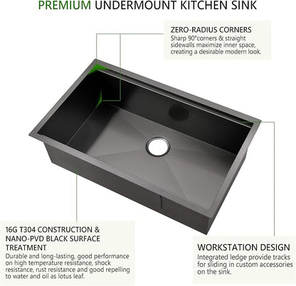 32x19 Black Workstation Kitchen Sink Undermount, Swift horse 32 Inch 16Gauge Black Stainless Steel Undermount Kitchen Sink, Single Bowl Workstation Kitchen Sinks with Built-In Accessories