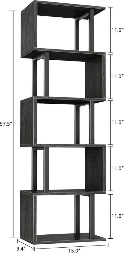 Furologee 6 Tier Bookshelf Tall Geometric Bookcase, S Shaped Industrial Display Standing Shelf, Metal and Wood Decorative Storage Room Divider Rack for Bedroom, Living Room, Office, Light Black Oak