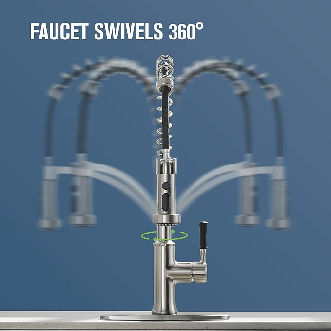 Kitchen Faucet with Pull Down Sprayer, Single Handle Brushed Nickel High Arc Commercial Farmhouse Kitchen Sink Faucet with Deck Plate