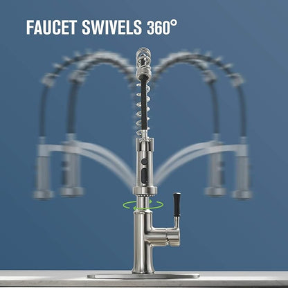 Kitchen Faucet with Pull Down Sprayer, Single Handle Brushed Nickel High Arc Commercial Farmhouse Kitchen Sink Faucet with Deck Plate
