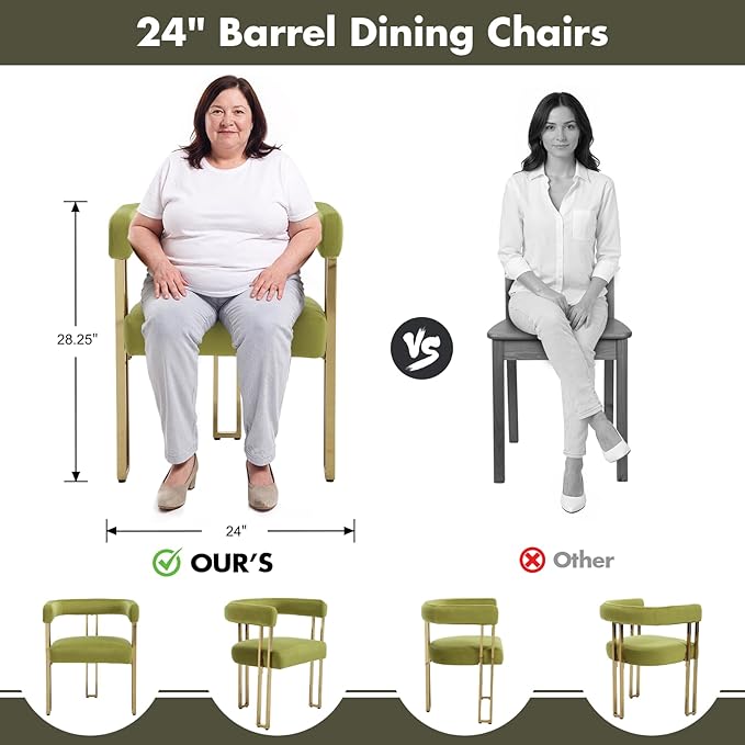 Hyfirm Green and Gold Modern Dining Chairs Set of 2, Velvet Upholstered Barrel Armchairs with Metal Legs for Kitchen Island, Mid Century Accent Chairs for Dining Room Living Room, Open-Back