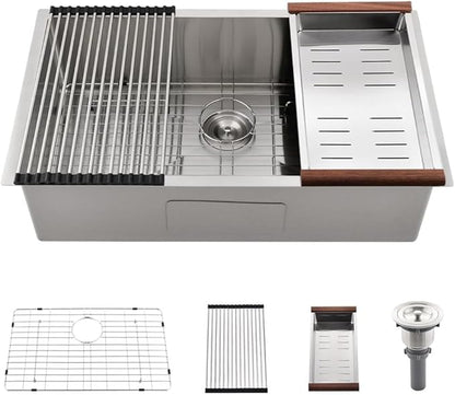 33 Inch Undermount Kitchen Sink-Bokaiya 33x19 Stainless Steel Undermount Sink 18 Gauge 10" Deep Single Bowl Basin with Colander&Drain