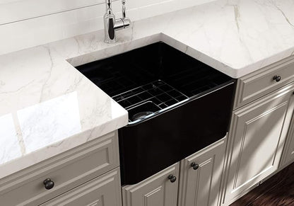 BOCCHI Classico Farmhouse Apron Front Fireclay 20 in. Single Bowl Kitchen Sink with Protective Bottom Grid and Strainer in M.Black