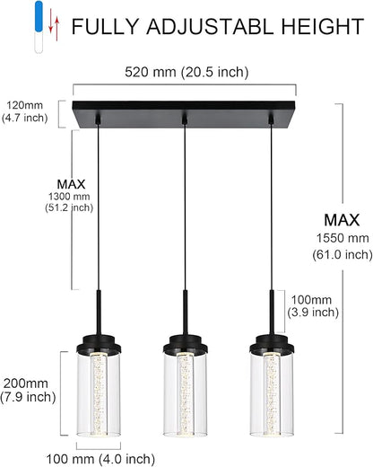 MELUCEE Dimmable LED Pendant Light 3-Light Linear Dining Room Light Fixture Over Table Black Chandelier, 3000K-6000K Adjustable Color Temperature Island Lights with Clear Glass Shade