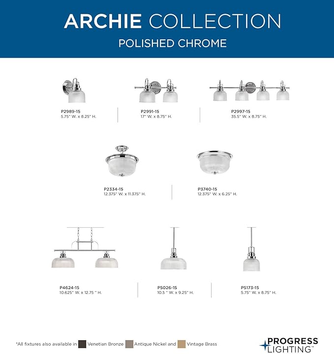 Progress Lighting 4-Light Clear Double Prismatic Glass Coastal Bath Vanity Light, Archie Collection, Indoor, P2997-15, Polished Chrome