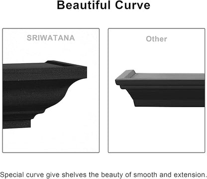 SRIWATANA Black Floating Shelves, Solid Wood Storage Wall Shelves Set of 4 Display Ledge Shelves Decor for Bedroom, Living Room, Bathroom, Kitchen - Black