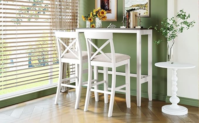 Farmhouse Dining Table Set,48" Rectangular Wood Bar Height Dining Set, Kitchen Breakfast Nook with 2 Upholstered Chairs for Small Places (Cherry+White/N*Bar)
