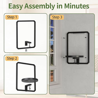 LASZOLA Plant Hangers Holder Wall Mount Indoor Window with 3 Grow Light, 3 Pack Floating Flower Stand Shelf with Hooks, Metal Picture Frame Hanging Planter Display Decor for Kitchen Bathroom, Black