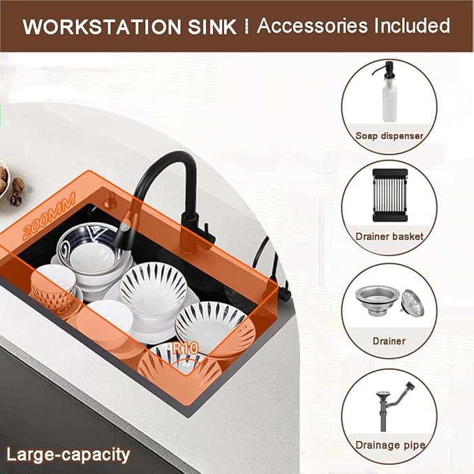 Drop In Kitchen Sink Workstation, Nano Stainless Steel Topmount Bar Single Bowl Sink Combo-Soap Dispenser, Drain Basket, Drain Strainer Set for Modern Kitchen Sink (19.7 * 17.7 * 7.9in)