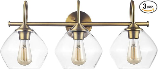 Globe Electric 63000103 26" 3-Light Vanity Fixture, Brass Finish, Clear Glass Shades, Beauty Room Accessories, Bathroom Lighting Over Mirror, Makeup Lights, Wall Light, Home Essentials, House Décor