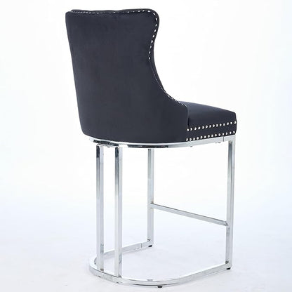 25" Counter Height Bar Stools Set of 2, Velvet Bar stools with Button BackRivet Trim Upholstered Kitchen Island Chairs with Sturdy Chromed Metal Base Legs Bar Stools, (Black,2 Pack)