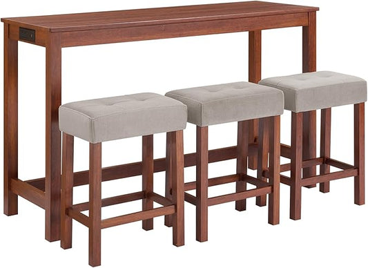 HMFULE 59'' Bar Table and Chairs Set with Power Outlet, Industrial Breakfast Table Set with 3 Padded Stools, Solid Wood Console Table Set for Living Dining Room, Cherry