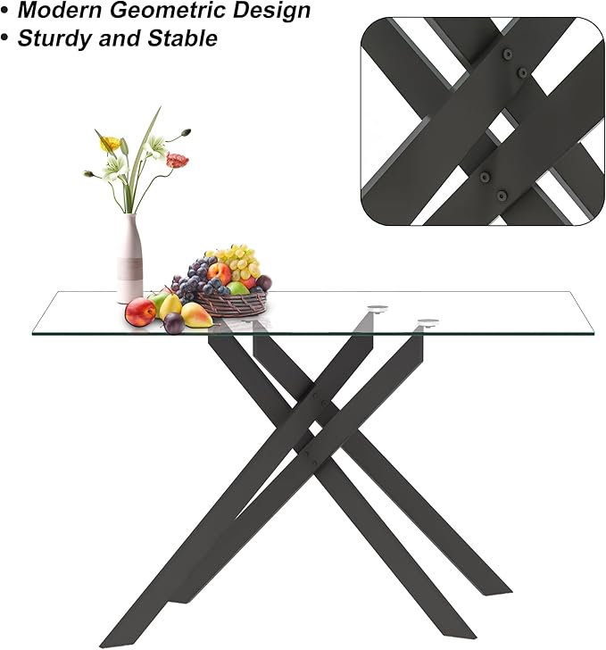 Dining Table with Tempered Glass Top, Modern Glass Dining Room Table Rectangle, Black Geometric Metal Leg, Kitchen Table 51" L x 29.5" W x 30" H, Black