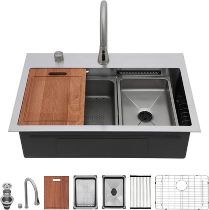 Sarlai 31 Inch Waterfall Kitchen Sink Drop In - 31x20 Waterfall Sink Ledge Workstation Stainless Steel 16 Gauge Multifunction Single Bowl Top Mount Kitchen Basin with Faucet Combo