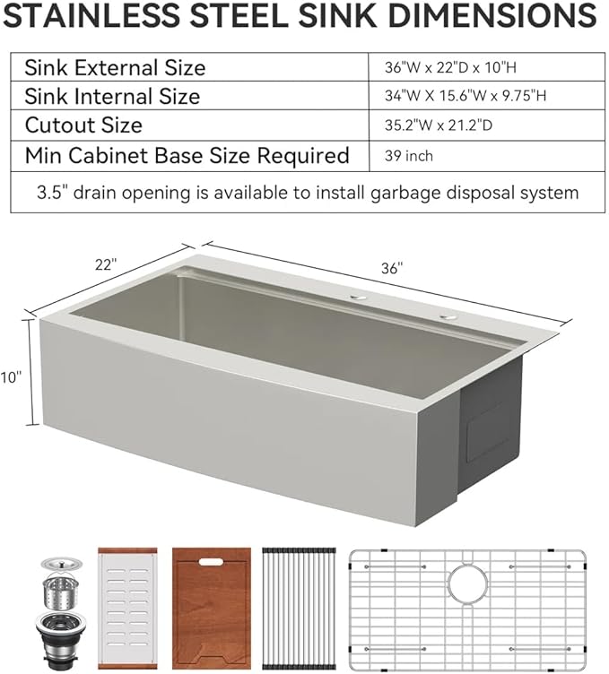 Logmey 36 Inch Drop in Farmhouse Kitchen Sink 36x22 Stainless Steel Workstation Topmount Apron Front Farm Sink 16 Gauge Single Bowl 10" Deep Sinks 36x22x10